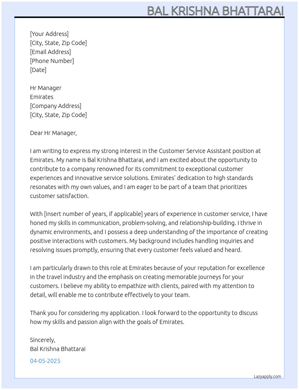 Customer service Assistant At Emirates Cover Letter