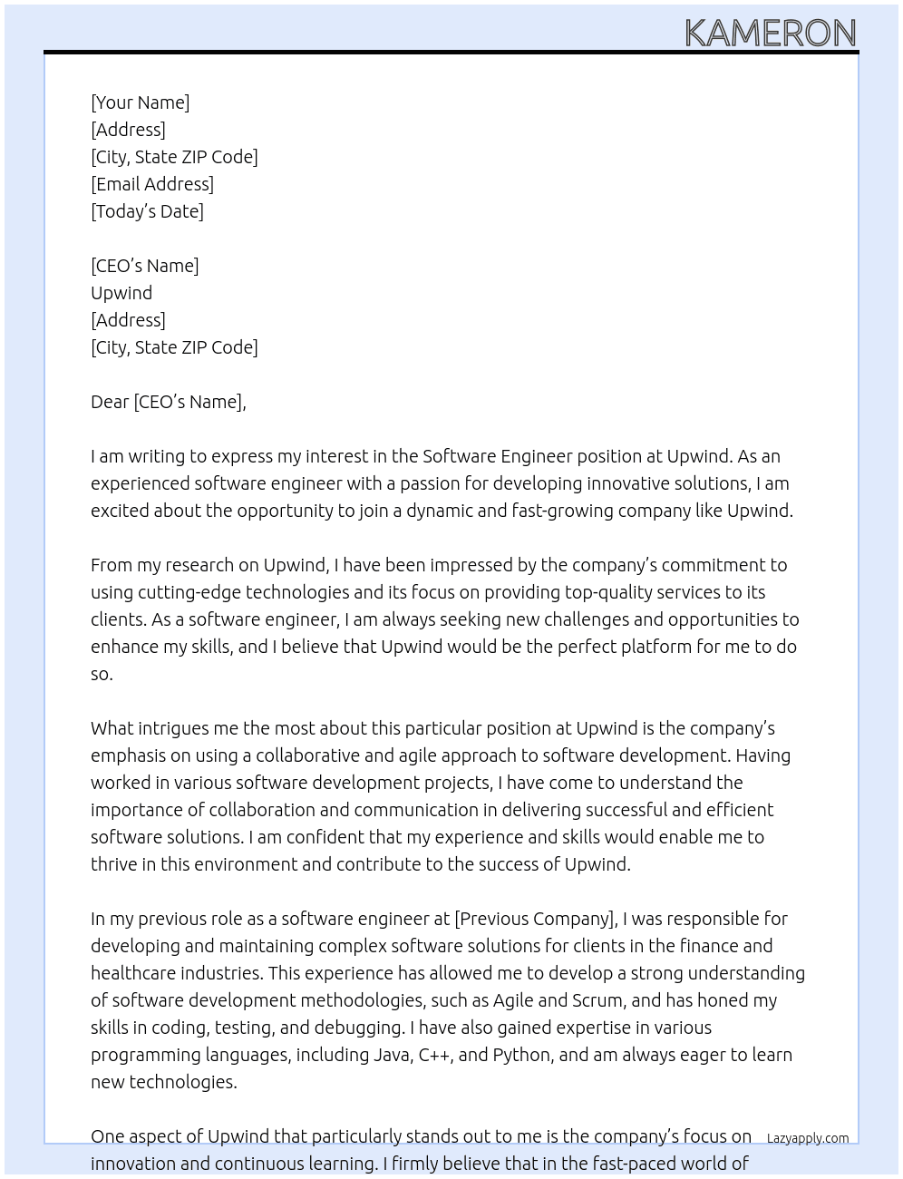 Software Engineer At Upwind Cover Letter
