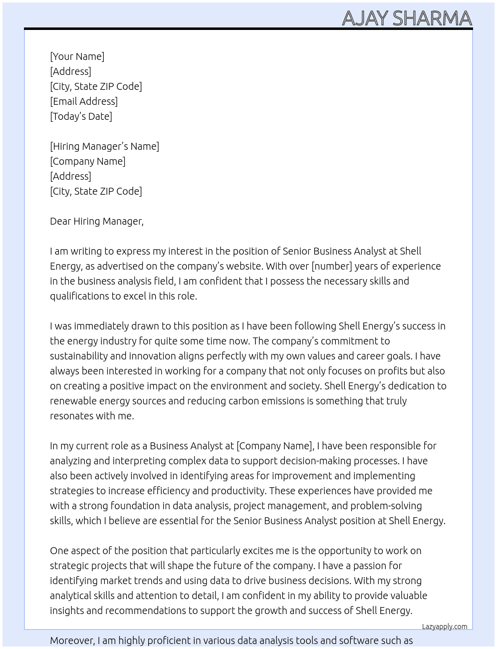 Senior Business Analyst At Shell Energy Cover Letter