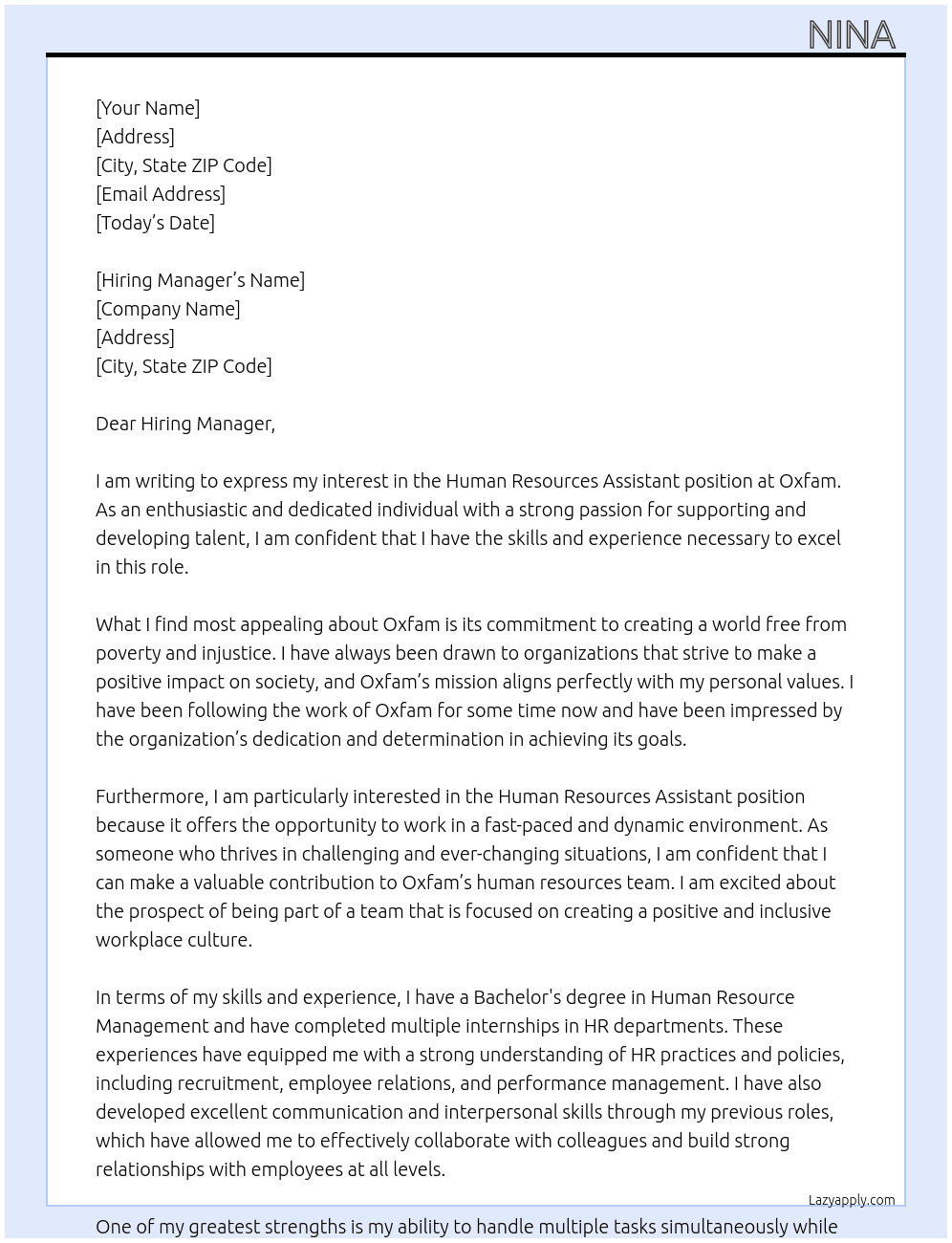 human resources assistant At oxfam Cover Letter