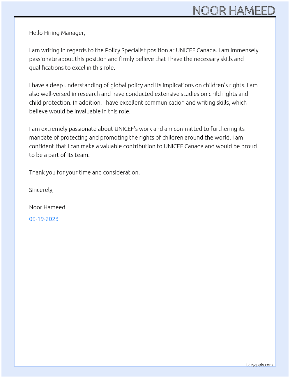 Policy Specialist At UNICEF Canada Cover Letter