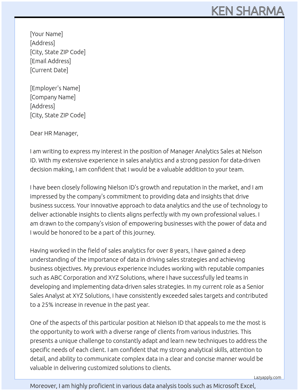 Manager Analytics Sales At Nielson ID Cover Letter