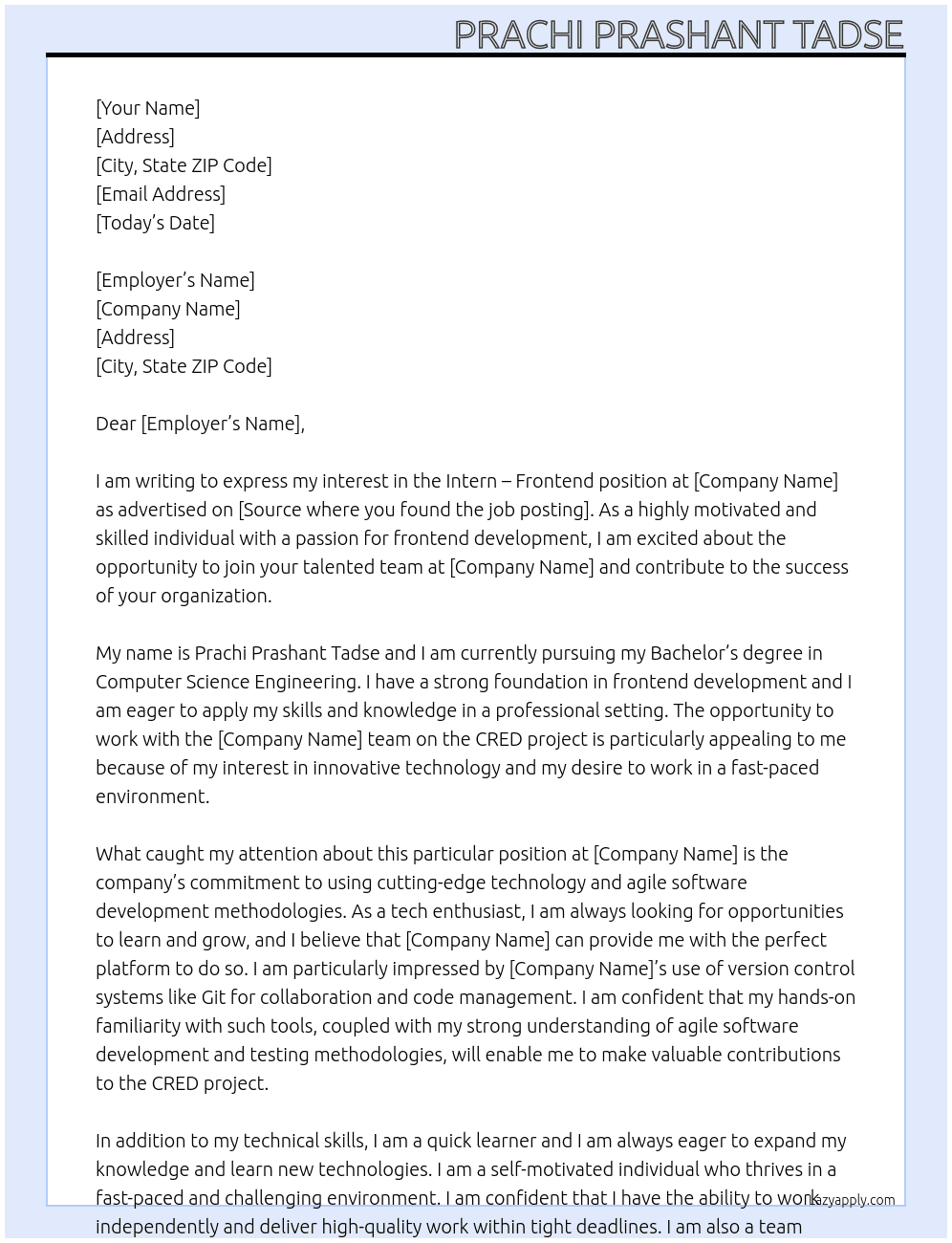 CRED At intern – frontend Cover Letter
