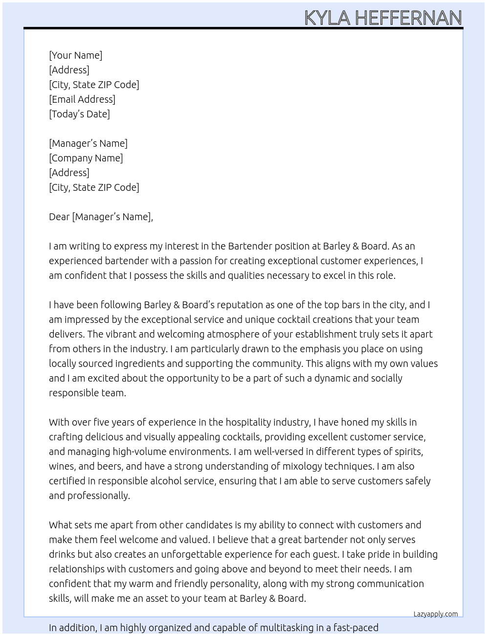 Bartender At Barley & Board Cover Letter