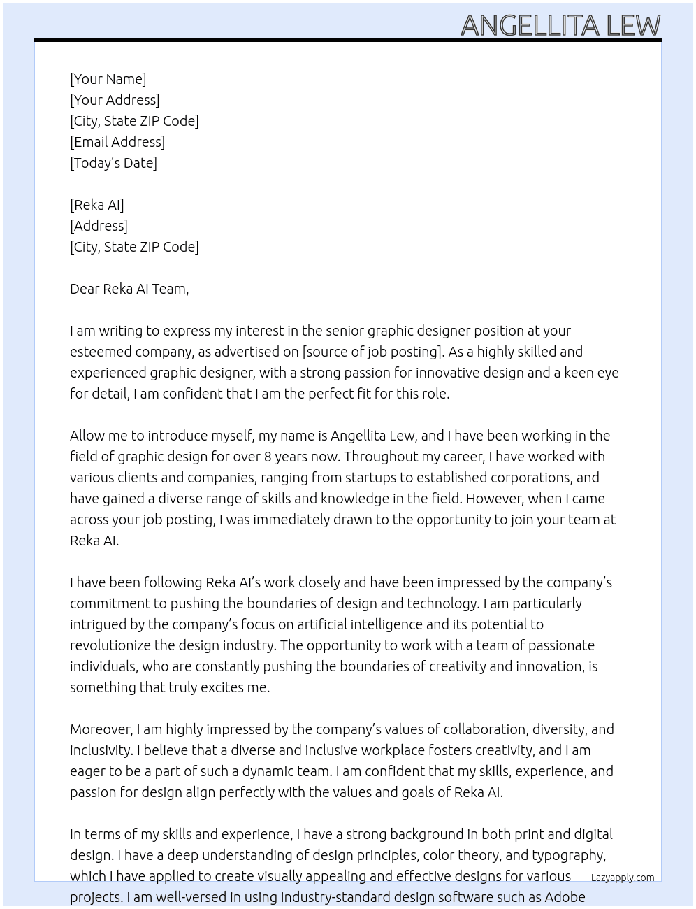 senior graphic designer  At reka ai  Cover Letter
