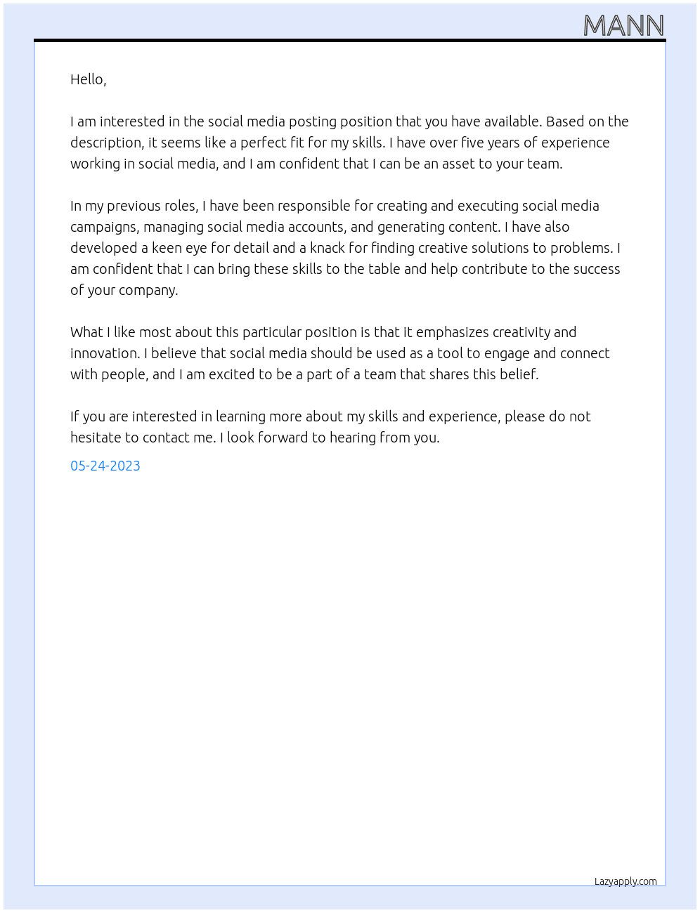 Social Media Posting At Freelancing Job Cover Letter