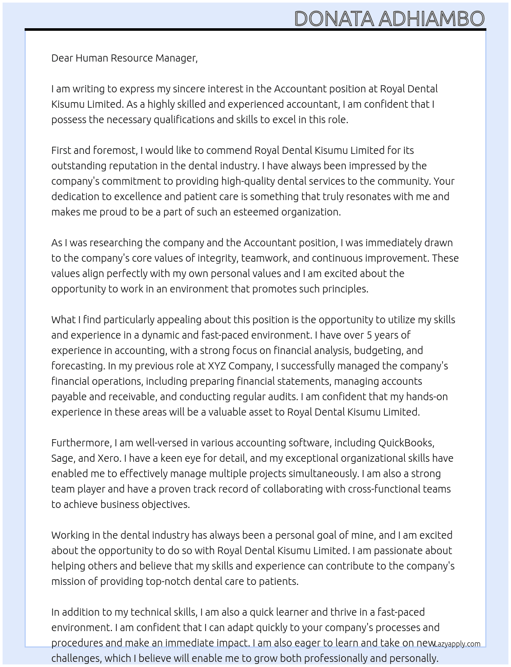 Accountant At Royal Dental Kisumu Limited Cover Letter