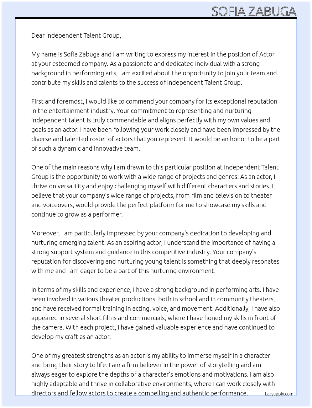 Actor At Independent Talent Group Cover Letter