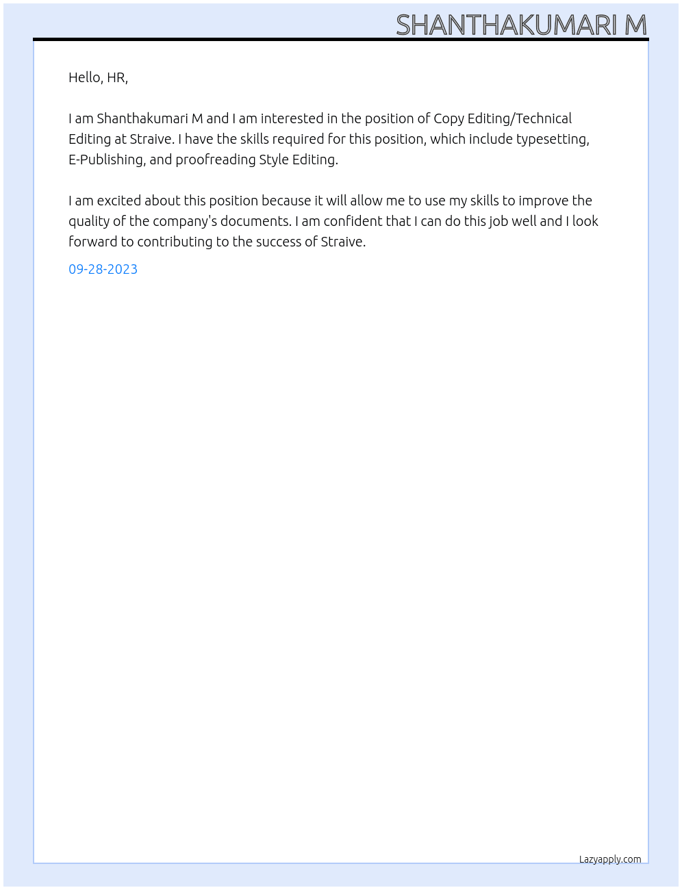 Copy Editing/ Technical editing At Straive Cover Letter