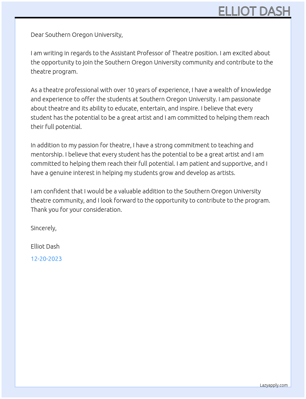 Assistant Professor of Theatre At Southern Oregon University Cover Letter