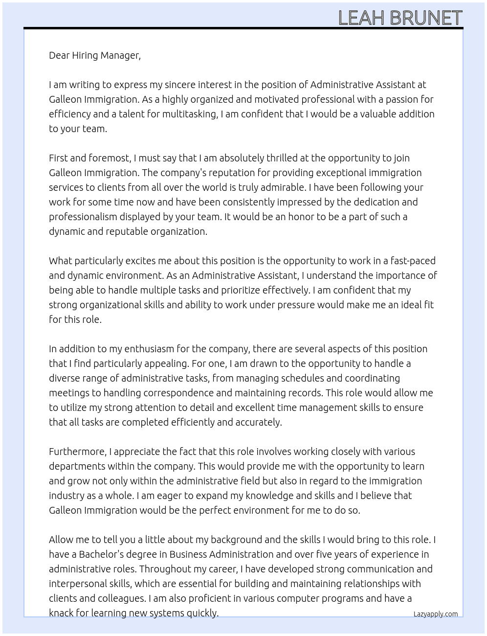 Admisitrative Assistant At Galleon Immigration Cover Letter