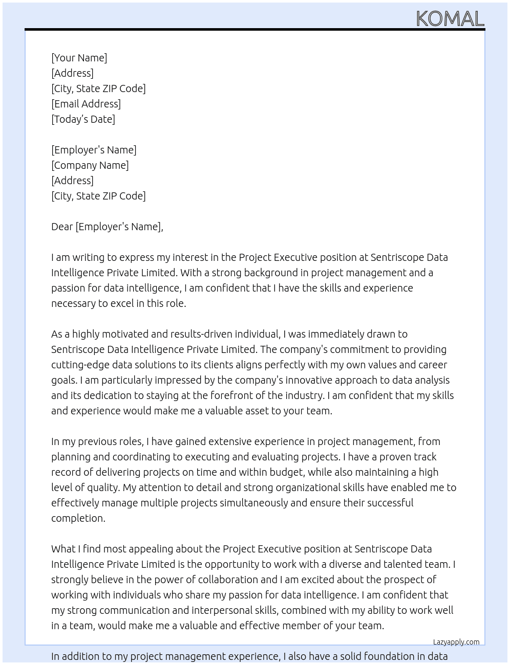 Project Executive At Sentriscope Data Intelligence Private Limited Cover Letter