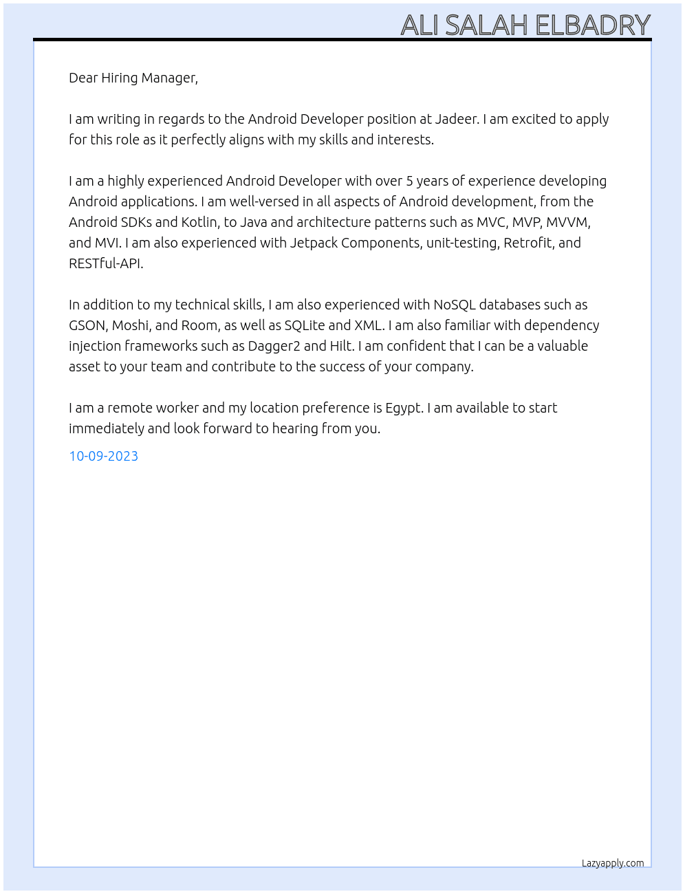 Native Android Developer At Jadeer Cover Letter