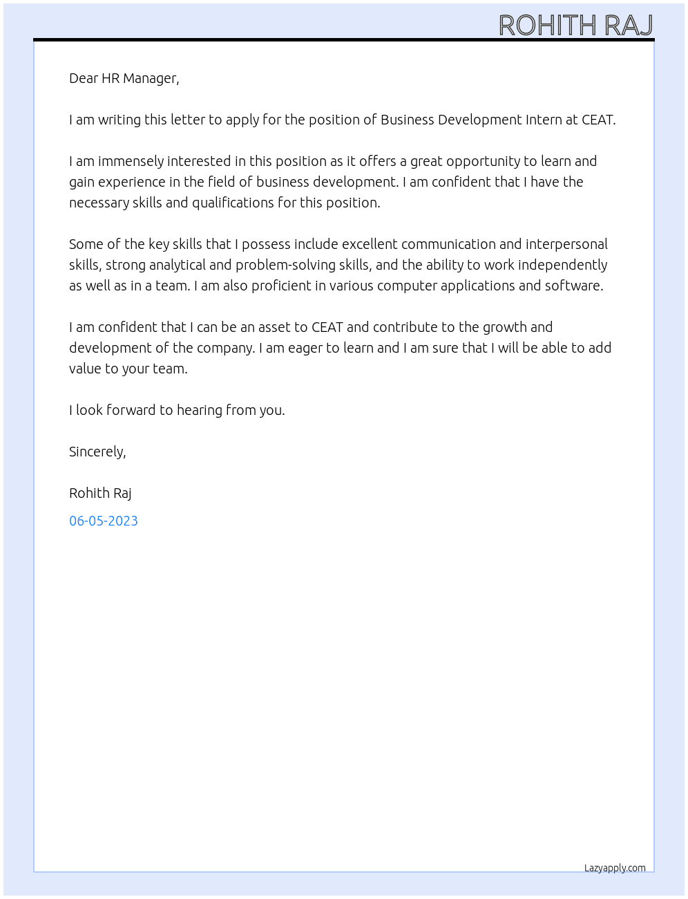 business developement intern At ceat Cover Letter