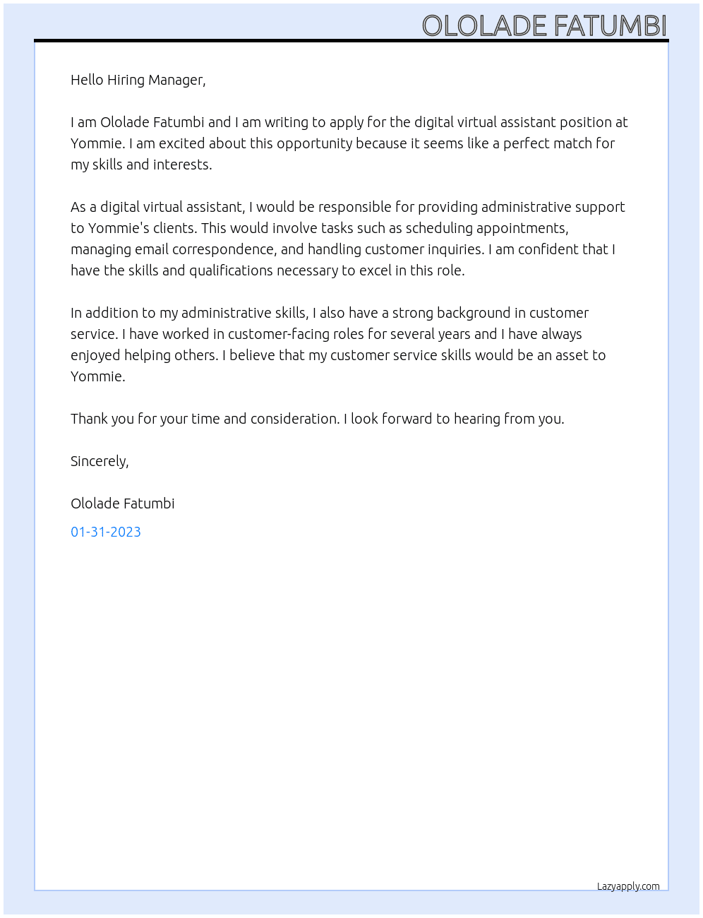 digital virtual assistance At Yommie Cover Letter