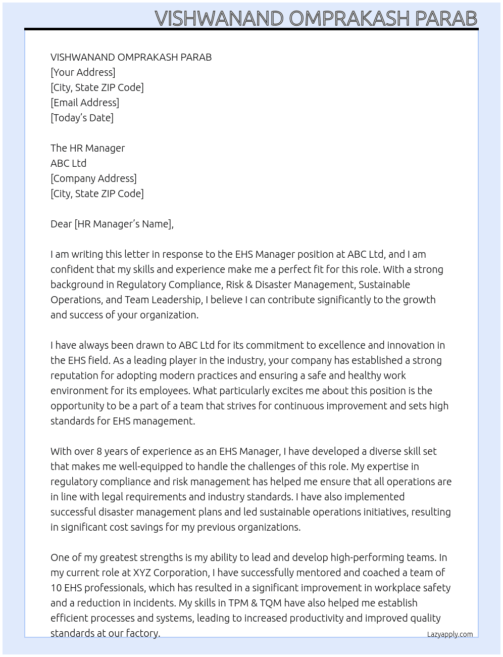 EHS Manager At ABC Ltd Cover Letter