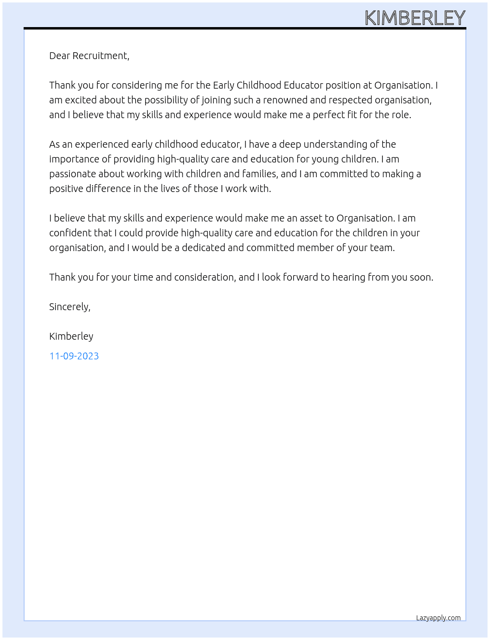 Early Childhood Educator At Organisation Cover Letter