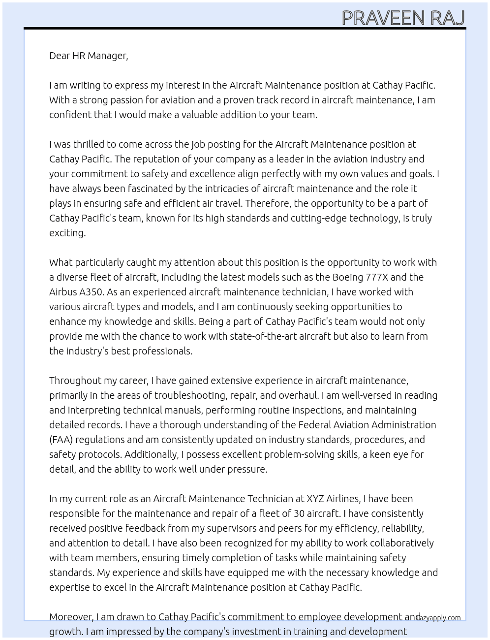 Aircraft maintenance  At Cathay Pacific  Cover Letter