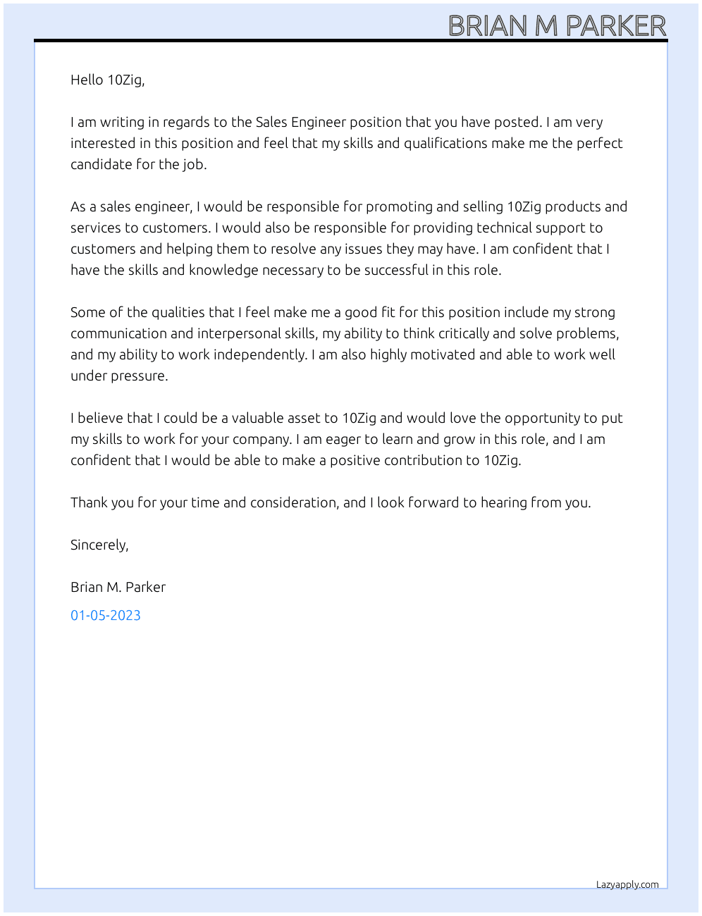 Sales Engineer  At 10Zig Cover Letter