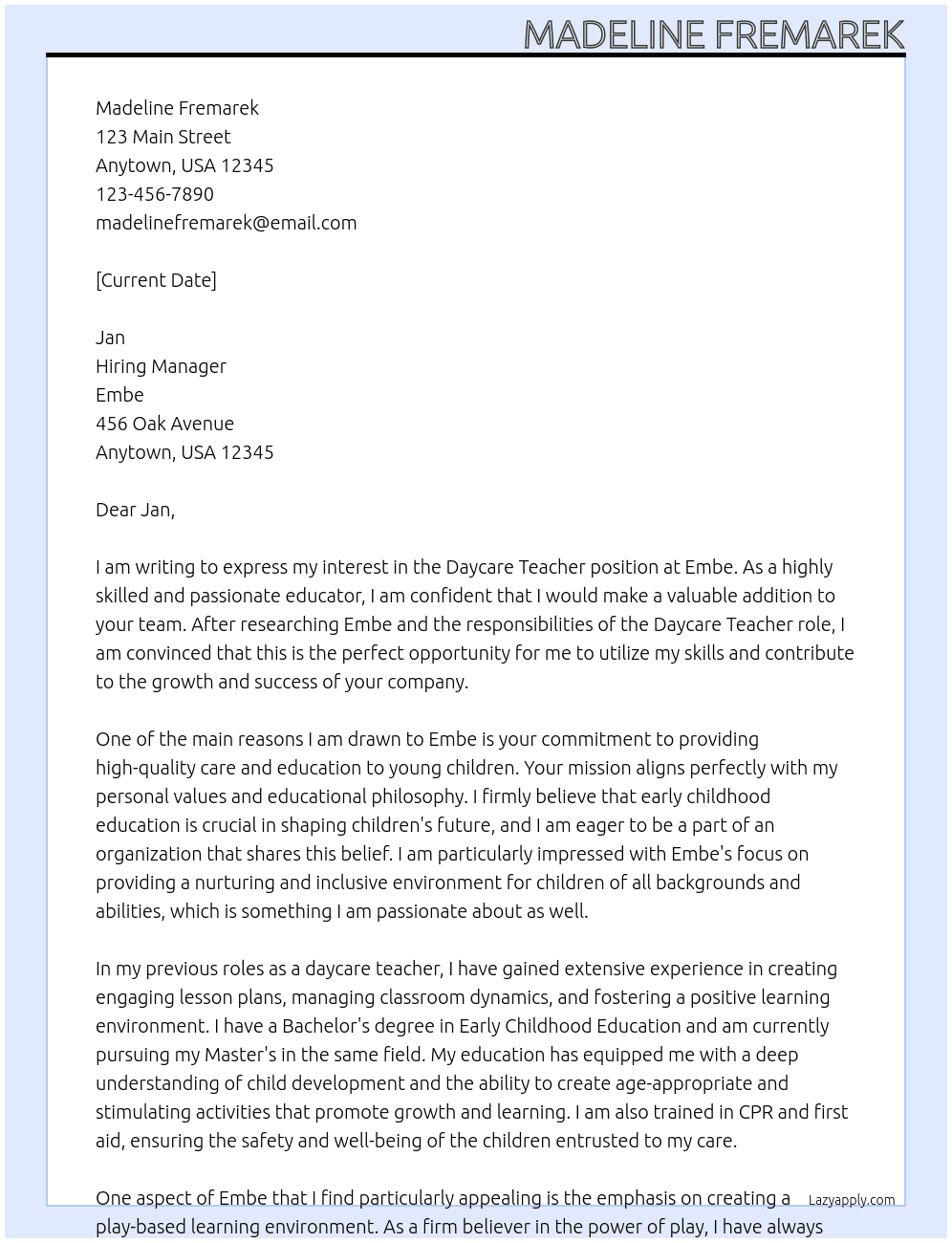 Daycare teacher At Embe Cover Letter