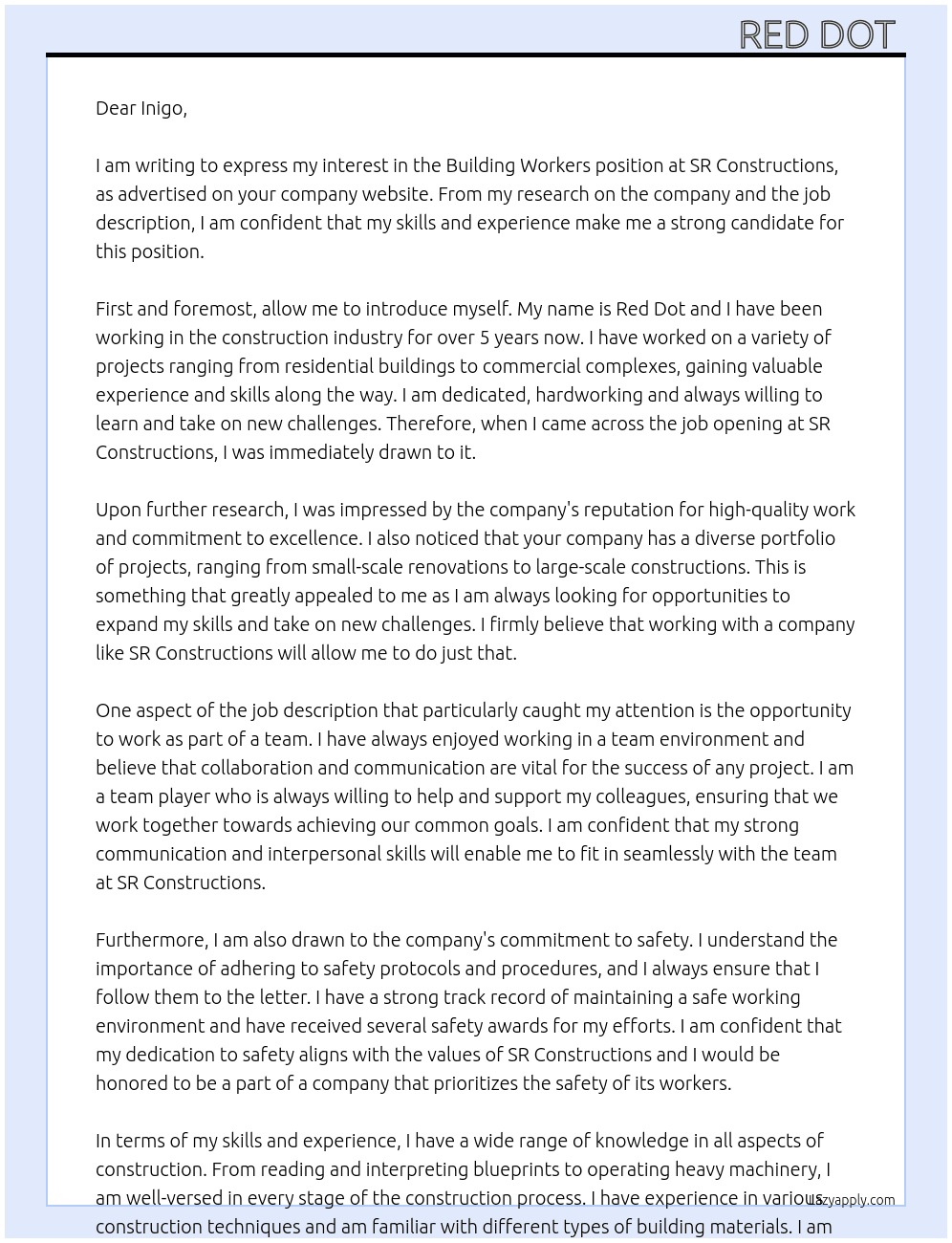 building workers At SR constrictions Cover Letter