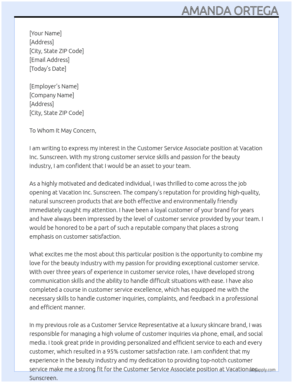 Customer Service Associate  At Vacation Inc. Sunscreen Cover Letter