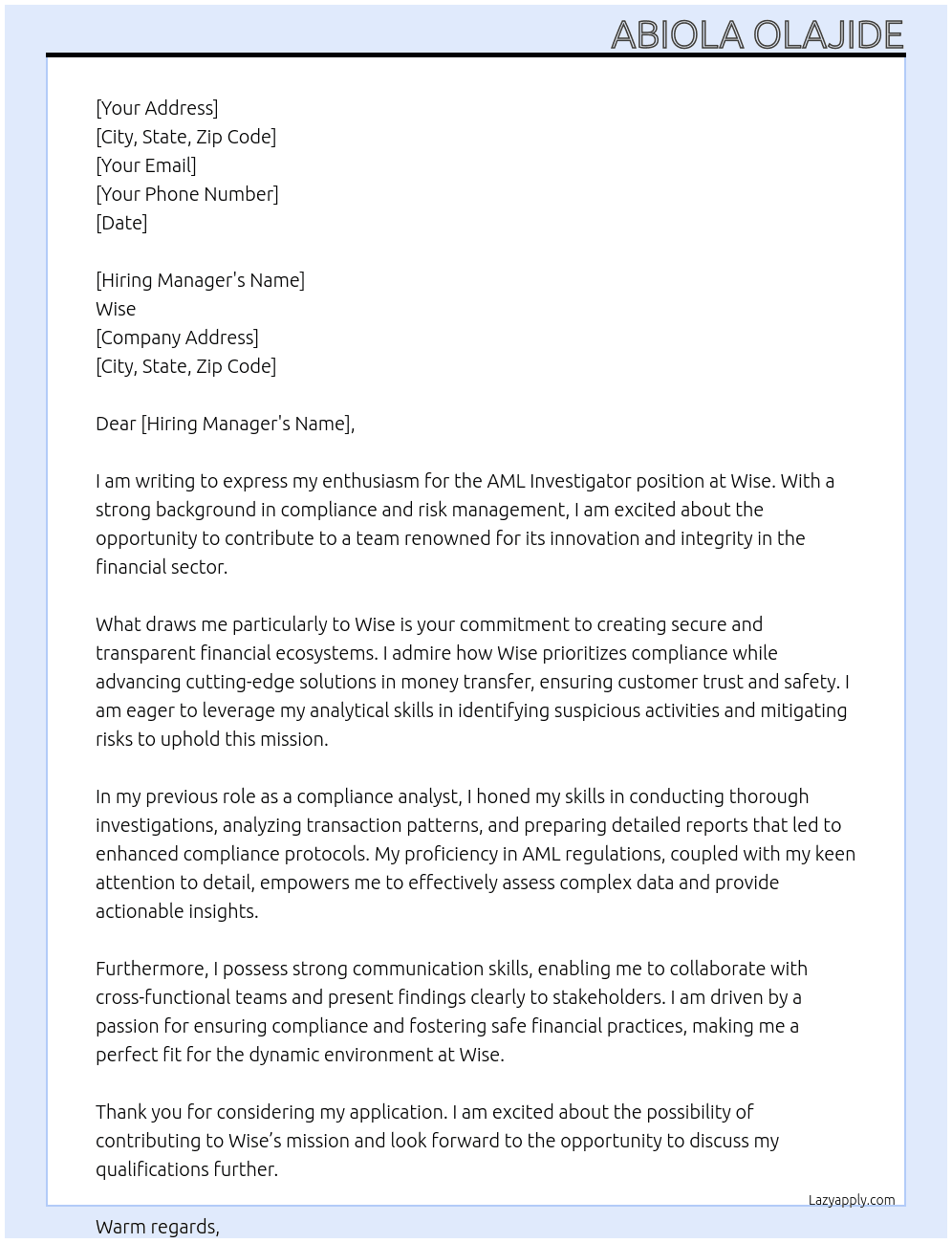 Cover letter for aml investigator - LazyApply