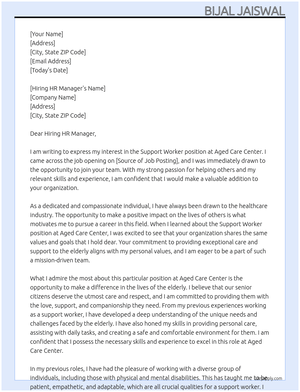 Support worker At Aged Care Center Cover Letter