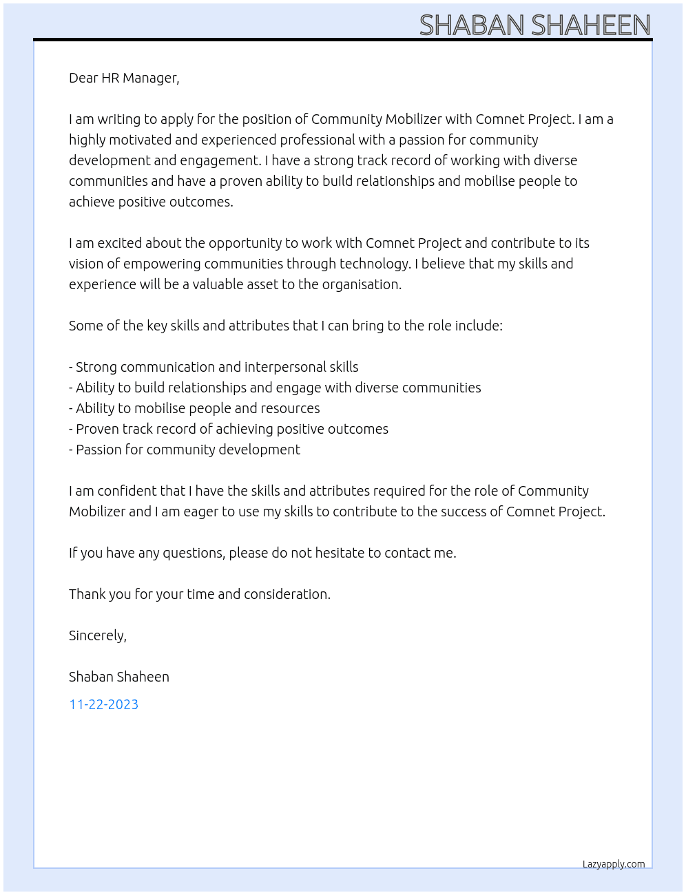 Community Mobilizer Position At Comnet Project Cover Letter