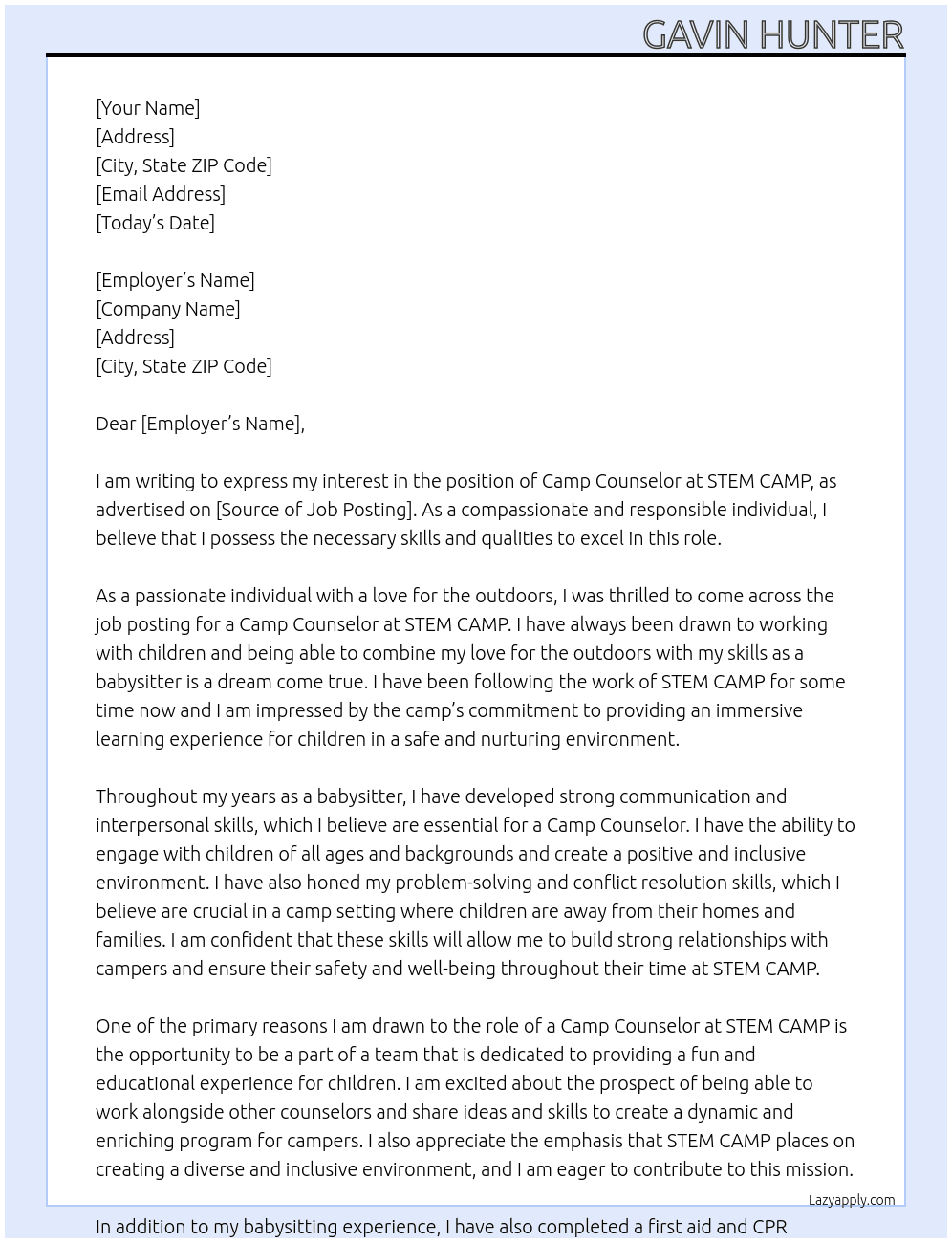 Camp Counselor  At STEM CAMP Cover Letter