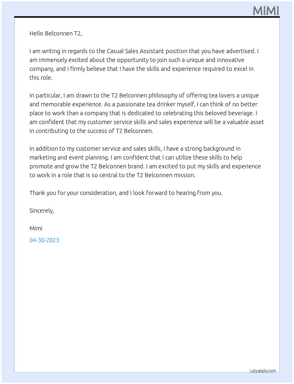 Casual Sales Assistant At T2 Belconnen  Cover Letter