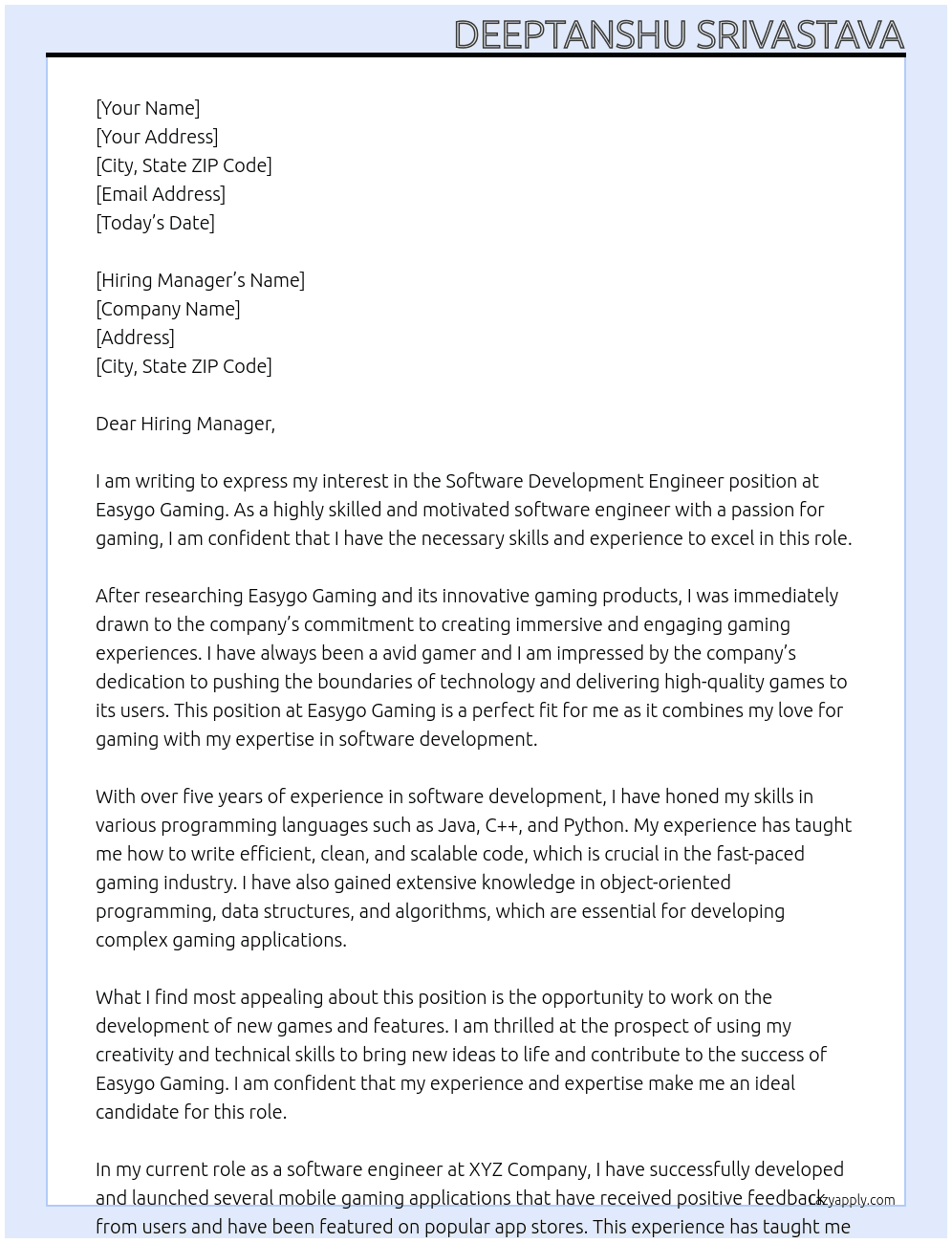 Software Development Engineer At Easygo Gaming Cover Letter
