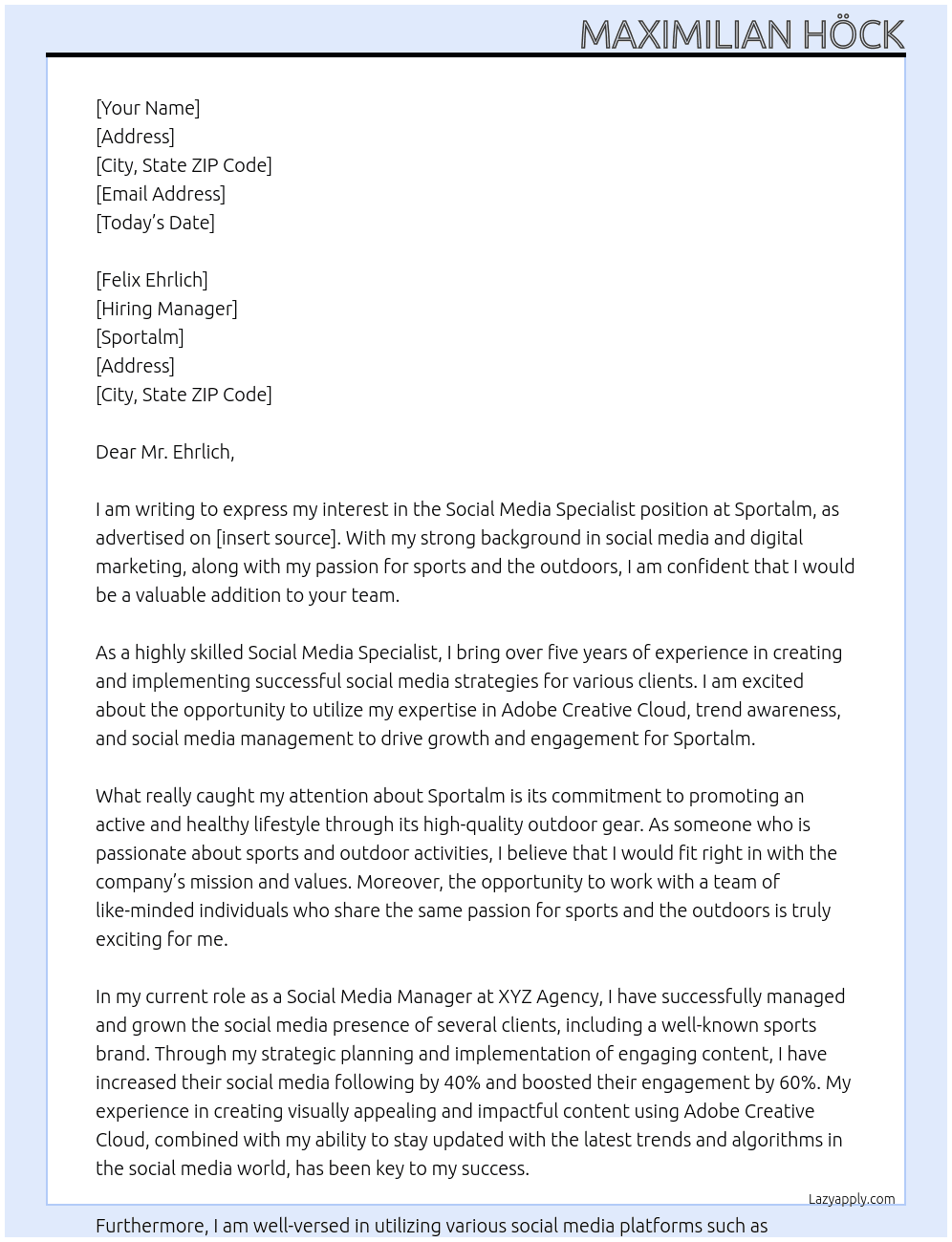 Social Media Specialist At Sportalm Cover Letter