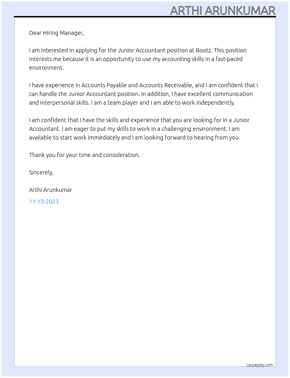 Junior Accountant At Bootz Cover Letter