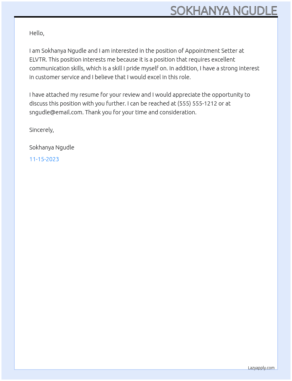 Appointment Setter At ELVTR Cover Letter