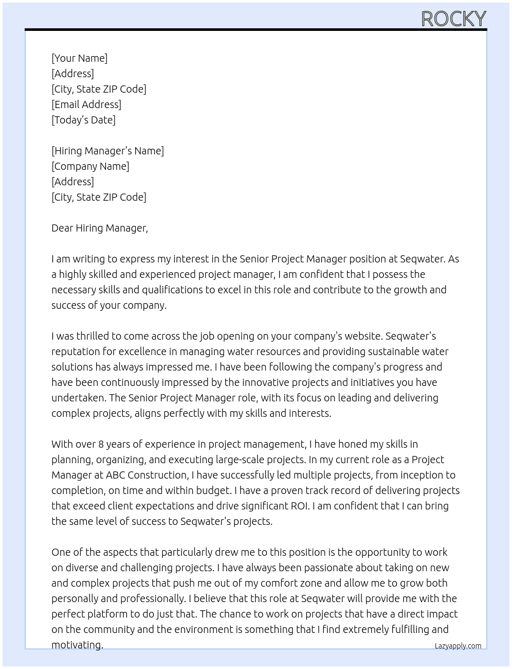 Senior Project Manager At Seqwater Cover Letter