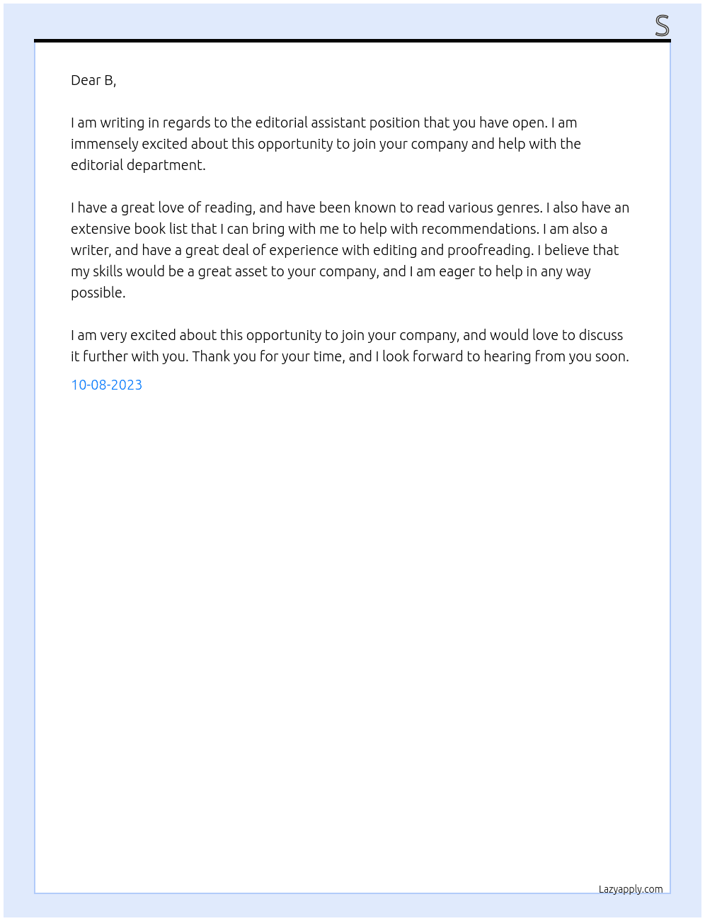 Editorial assistant  At B Cover Letter