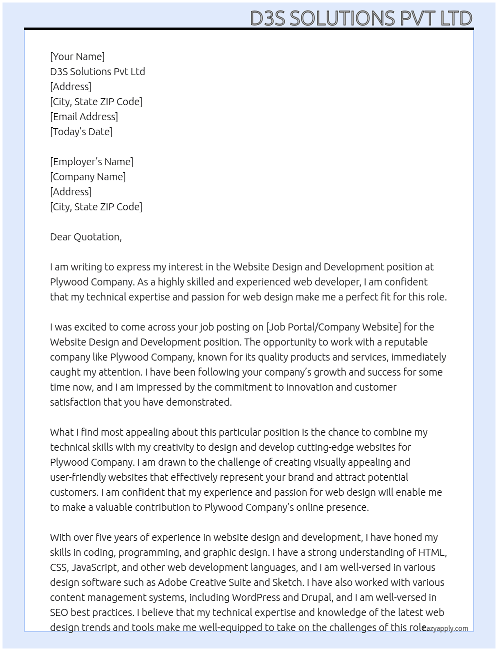Website design and development At Plywood Company Cover Letter