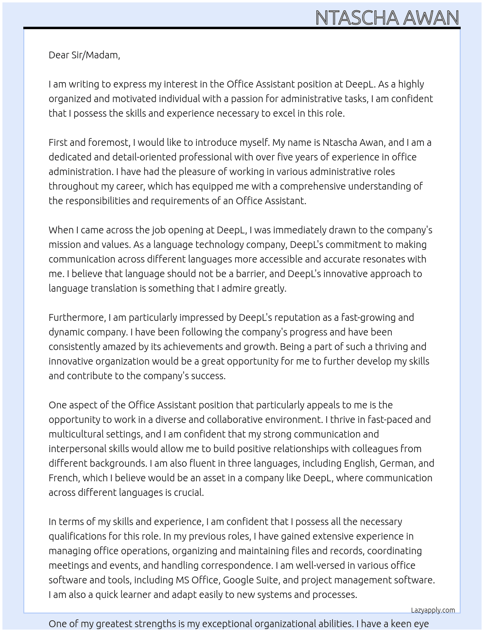 Office Assistant At DeepL Cover Letter