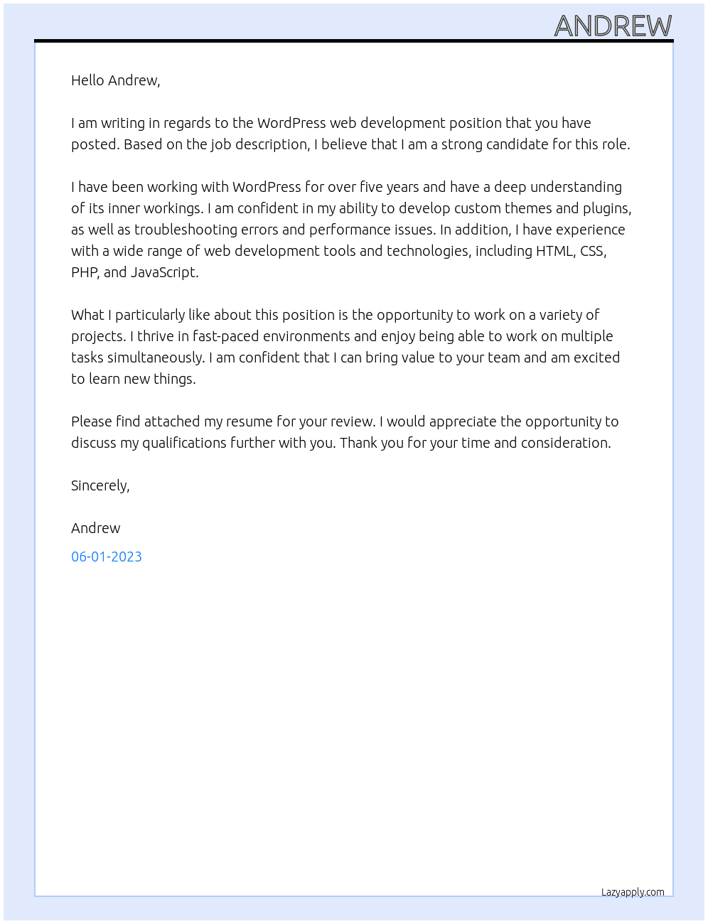wordpress web development At Andrew Cover Letter