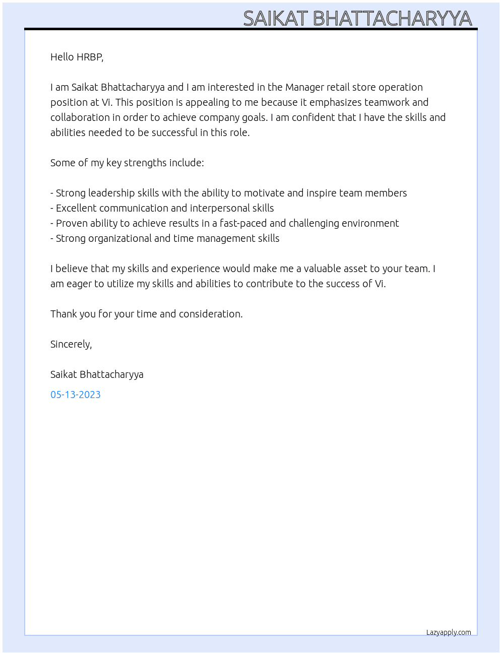 Manager retail store operation At Vi Cover Letter