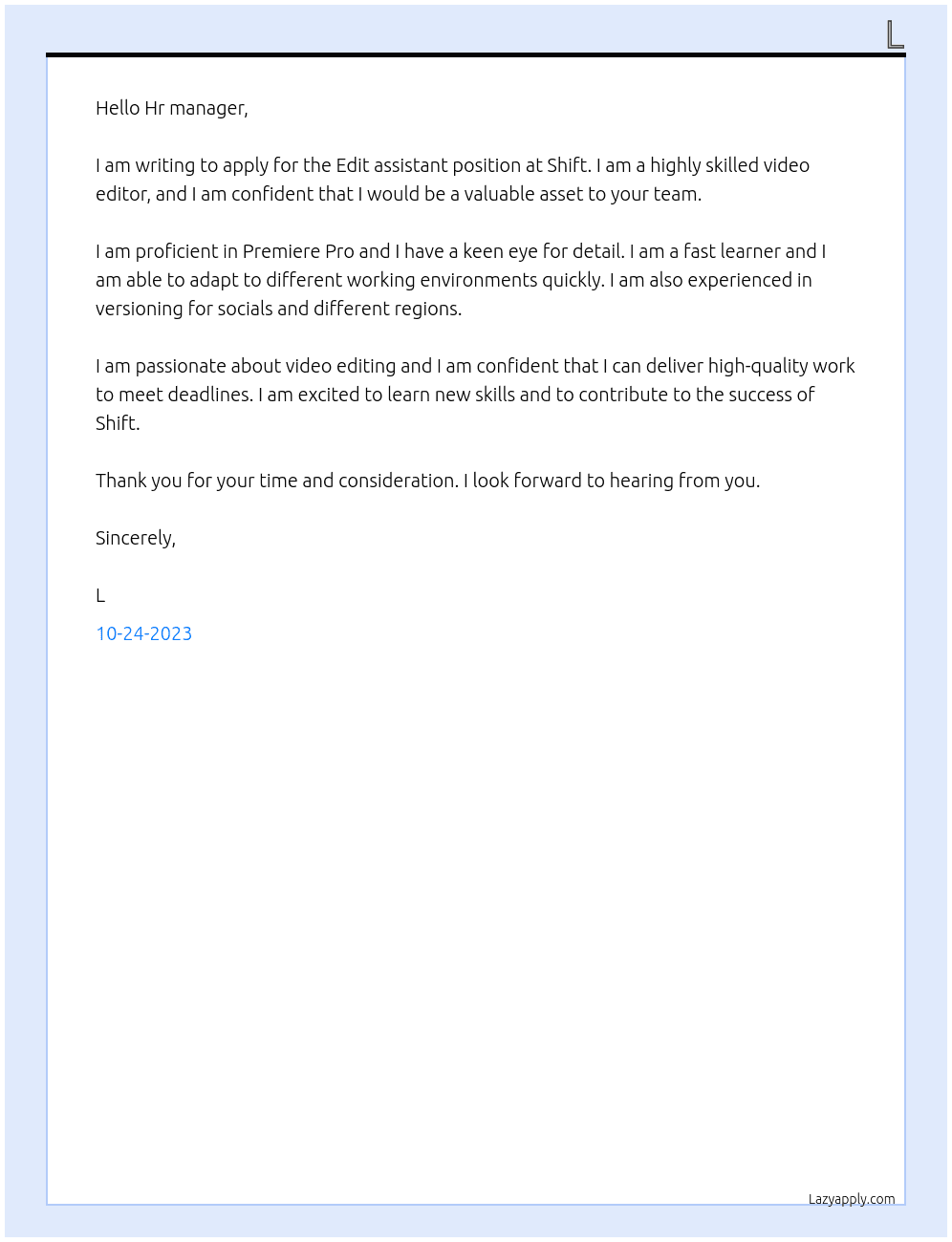 Edit assistant At Shift Cover Letter