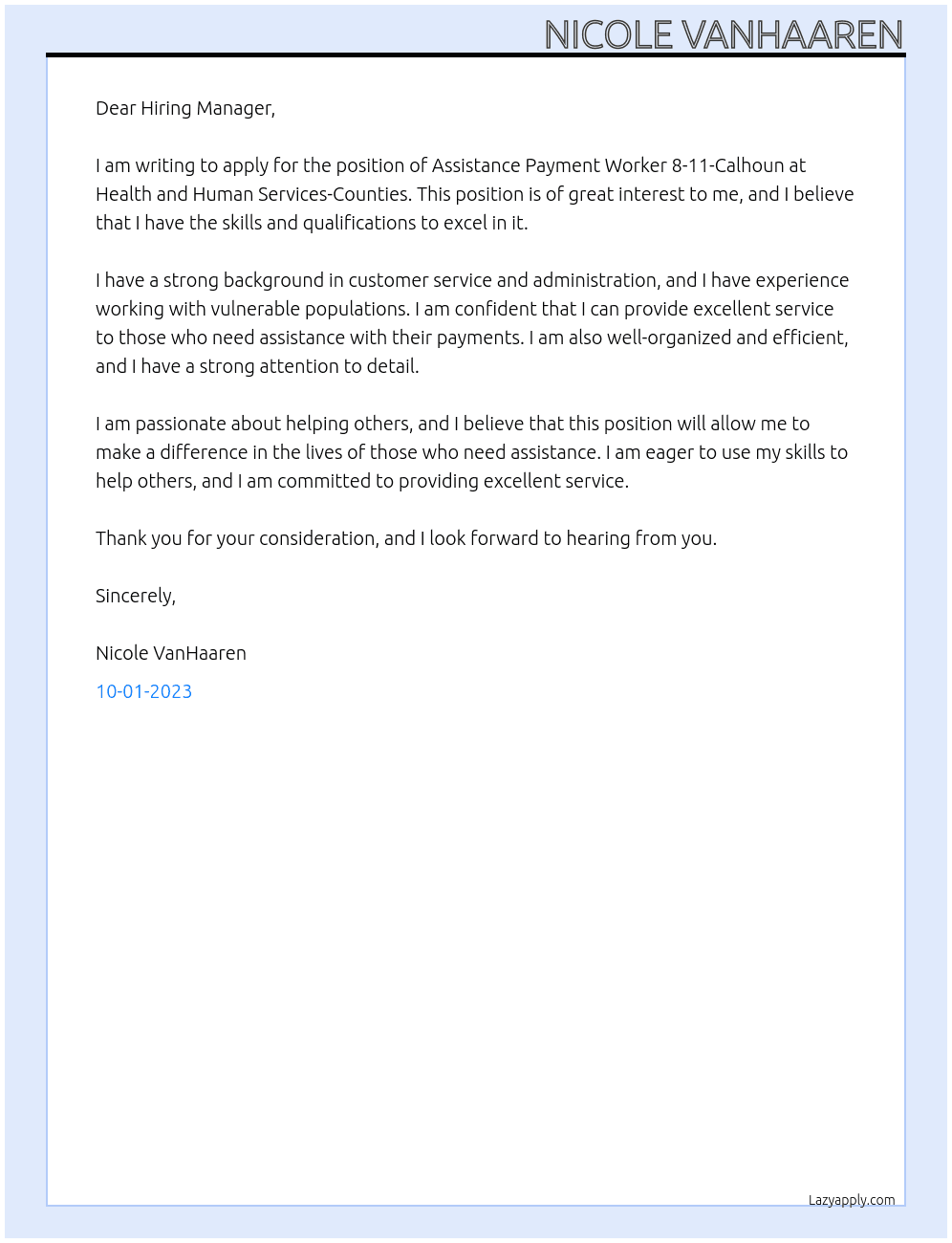 Assistance Payment Worker 8-11-Calhoun At Health and Human Services-Counties Cover Letter