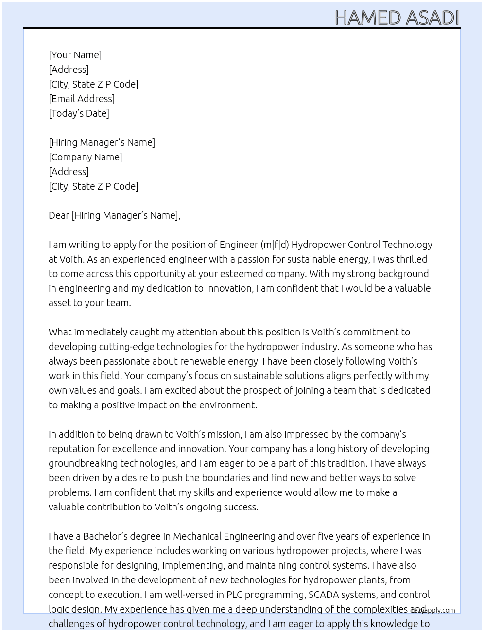 Engineer (m|f|d) Hydropower Control Technology   At Voith Cover Letter