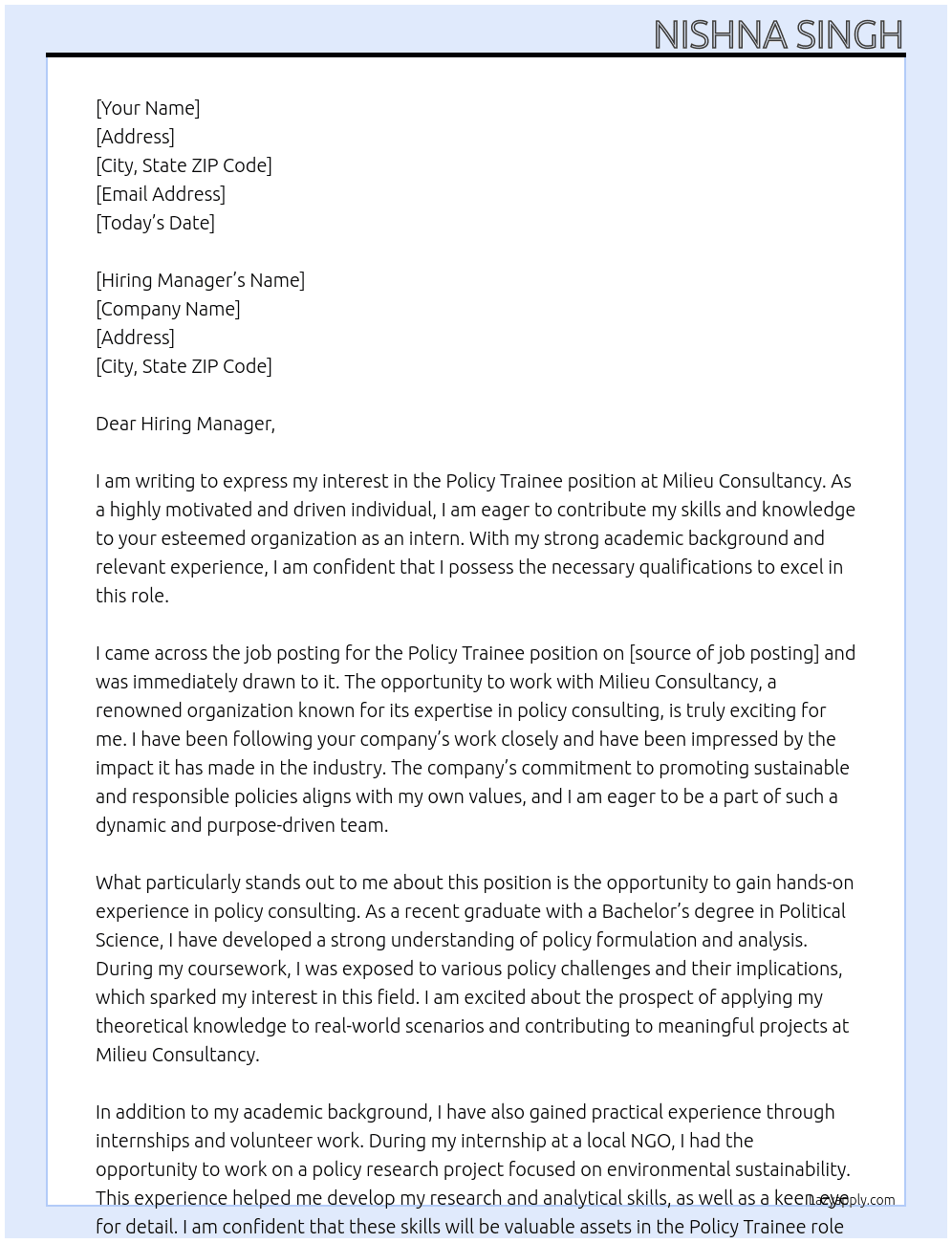 Policy Trainee At Milieu Consultancy  Cover Letter
