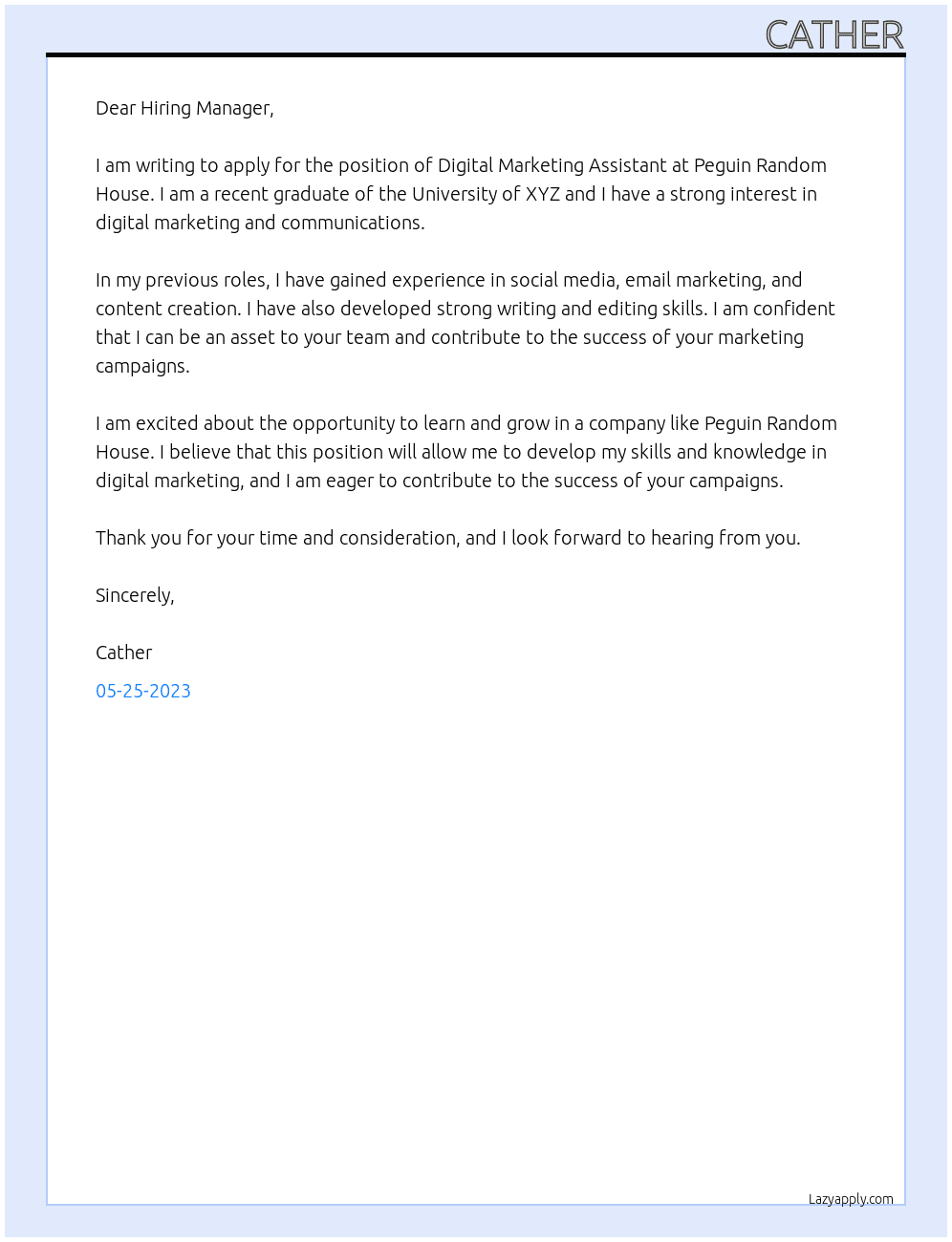 Digital Marketing Assistsant At Peguin Random House Cover Letter