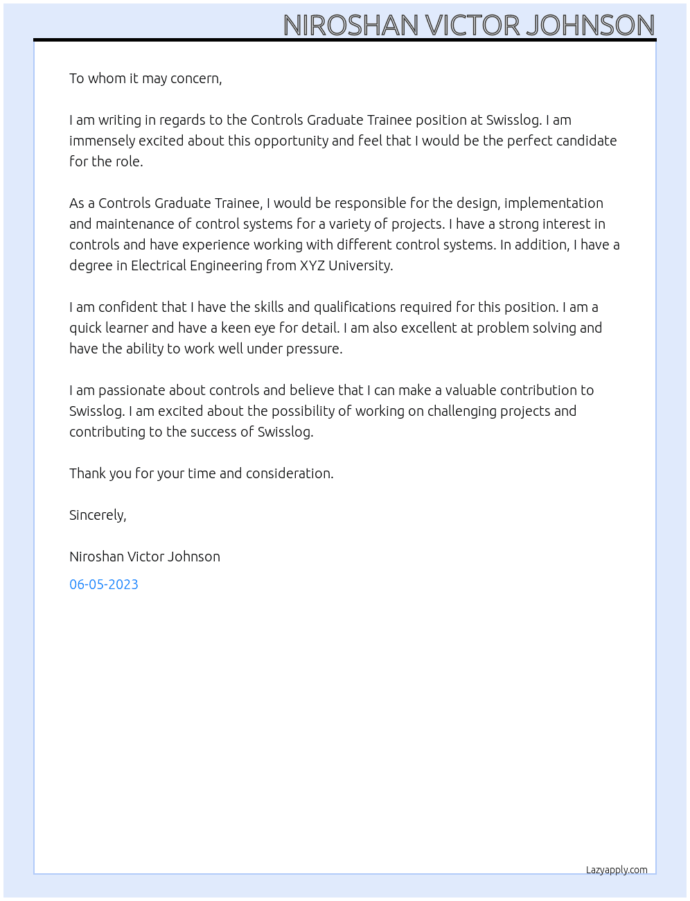 Controls Graduate Trainee At Swisslog  Cover Letter