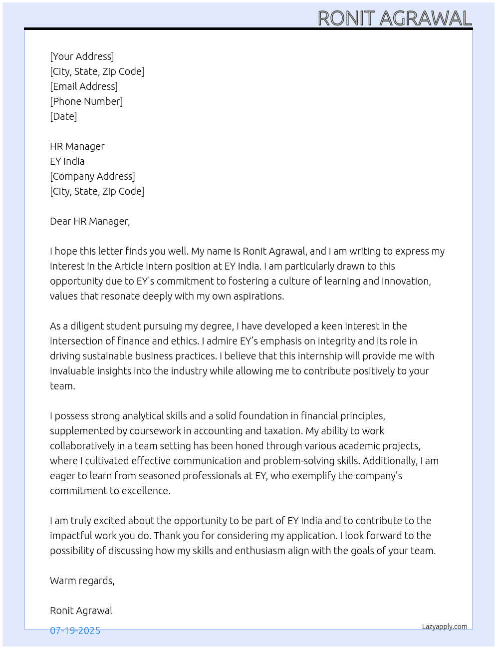 Article Intern At EY India Cover Letter
