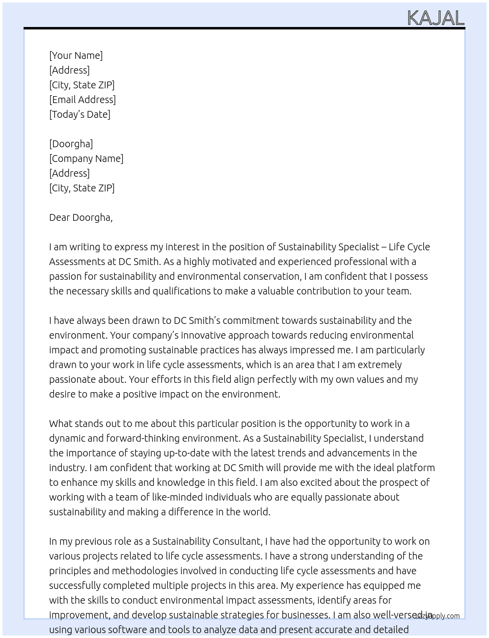 Sustainability Specialist – Life Cycle Assessments At DC Smith Cover Letter