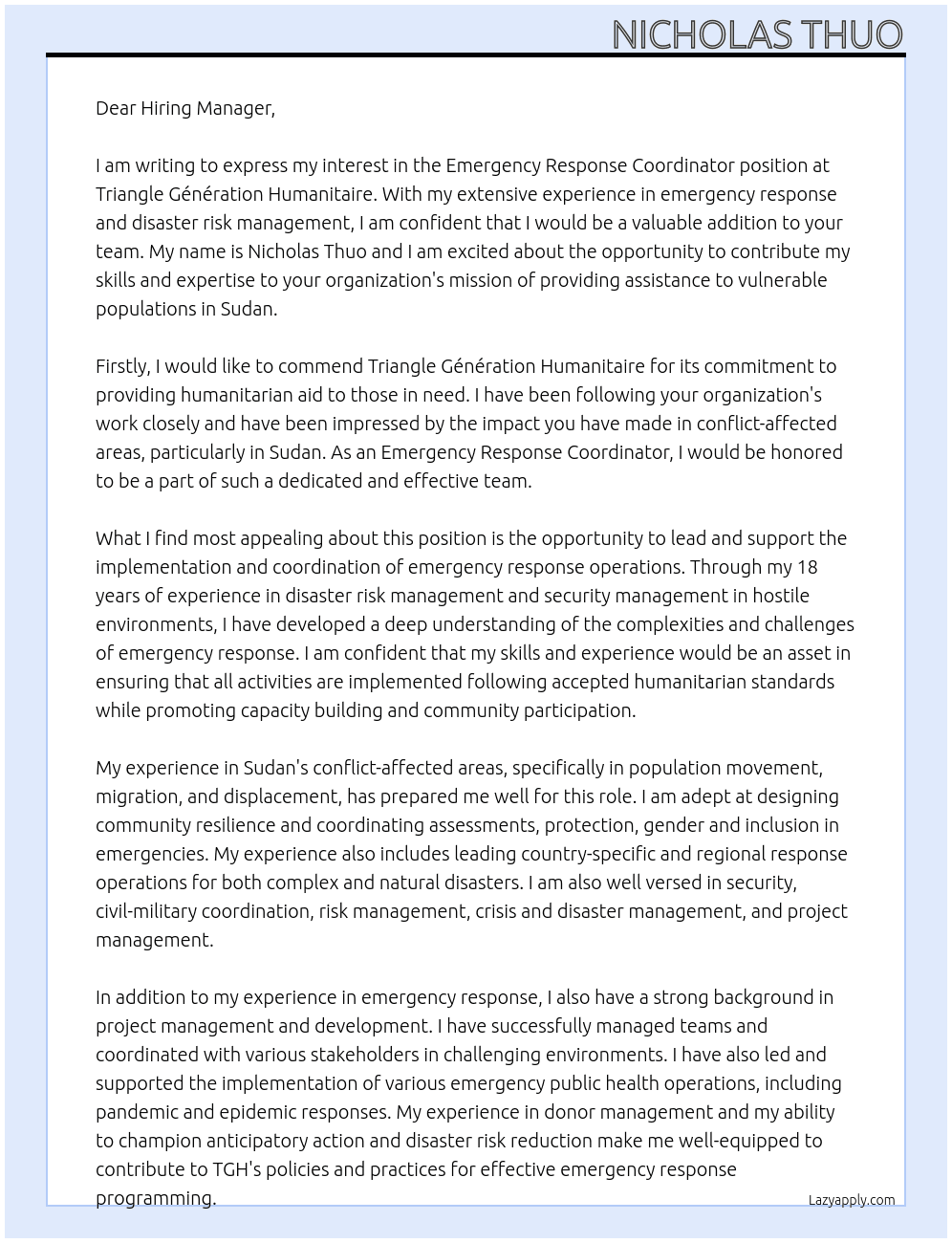 Emergency Response Coordinator  At Triangle Génération Humanitaire Cover Letter